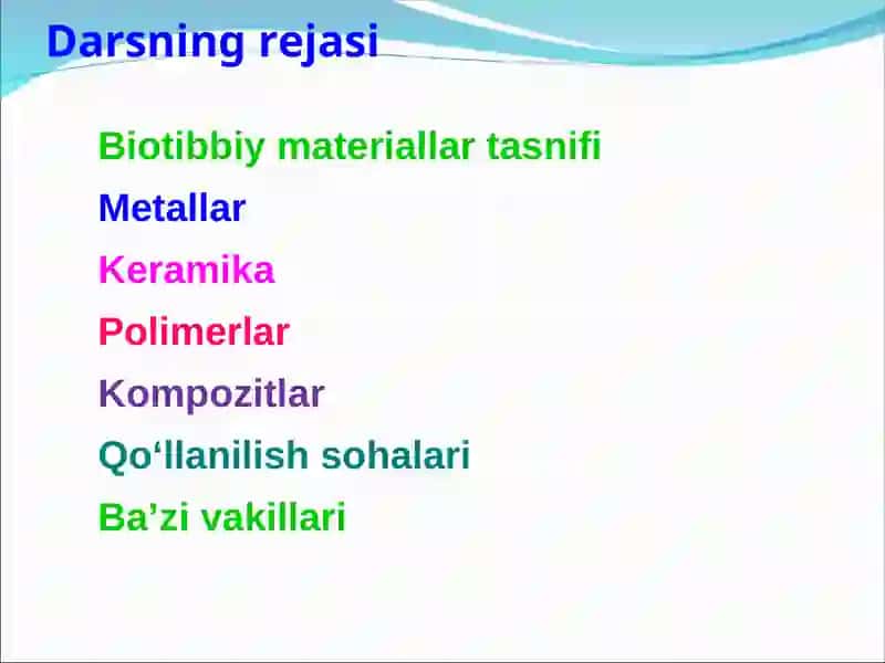 BIOTIBBIY MAQSADLAR UCHUN QO‘LLANILADIGAN ZAMONAVIY MATERIALLAR TASNIFI 2