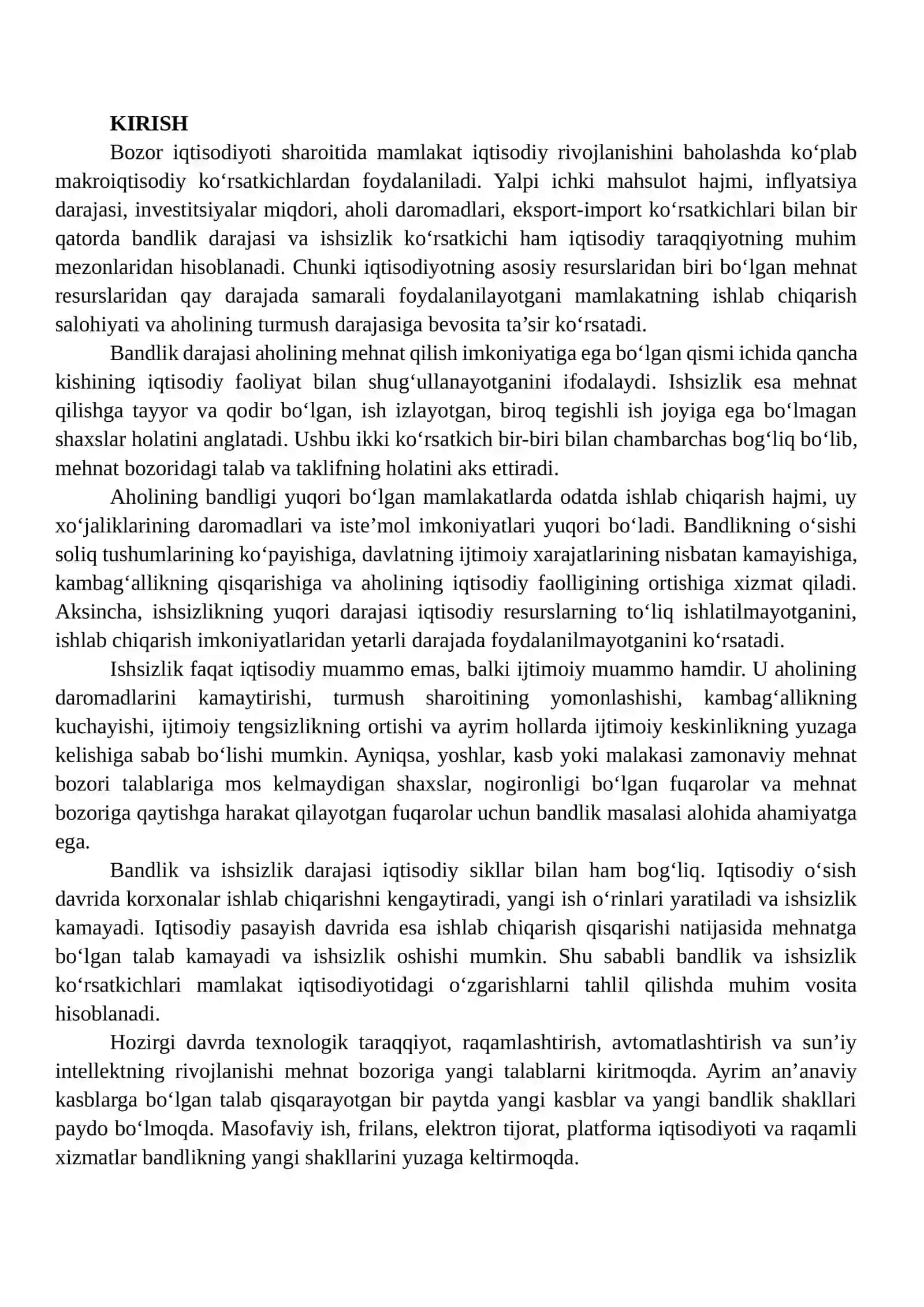 Bandlik darajasi va ishsizlik — iqtisodiy farovonlikka ta’sir qiluvchi muhim ko‘rsatkichlar 2