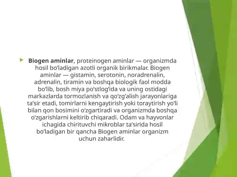 Biogen aminlarning vazifalari. Ammiakning hosil bo’lishi va zararsizlantirish yo’llari. 2