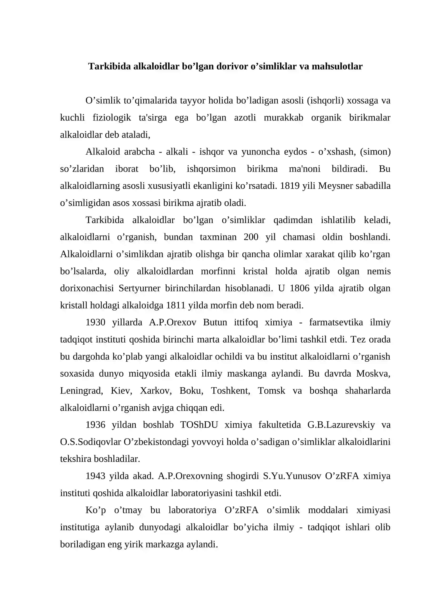Tarkibida alkaloidlar bo’lgan dorivor o’simliklar va mahsulotlar mavzusidagi ma'ruza 2