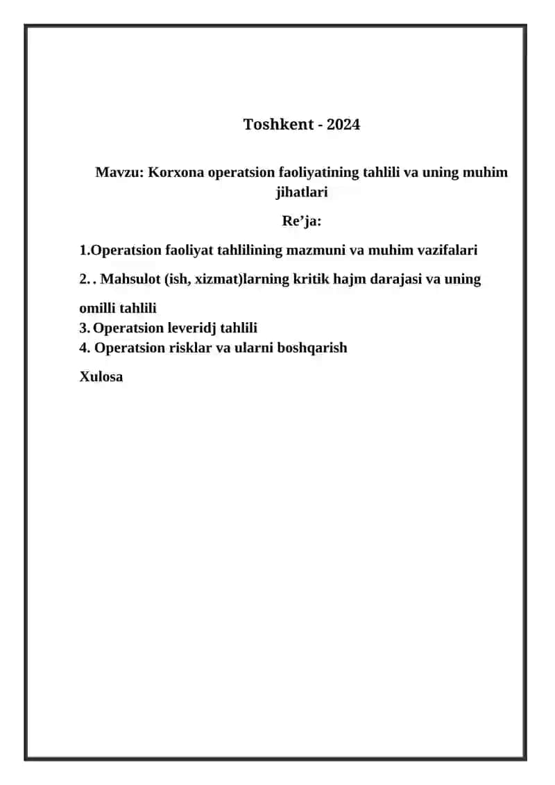 Korxona operatsion faoliyatining tahlili va uning muhim jihatlari 2