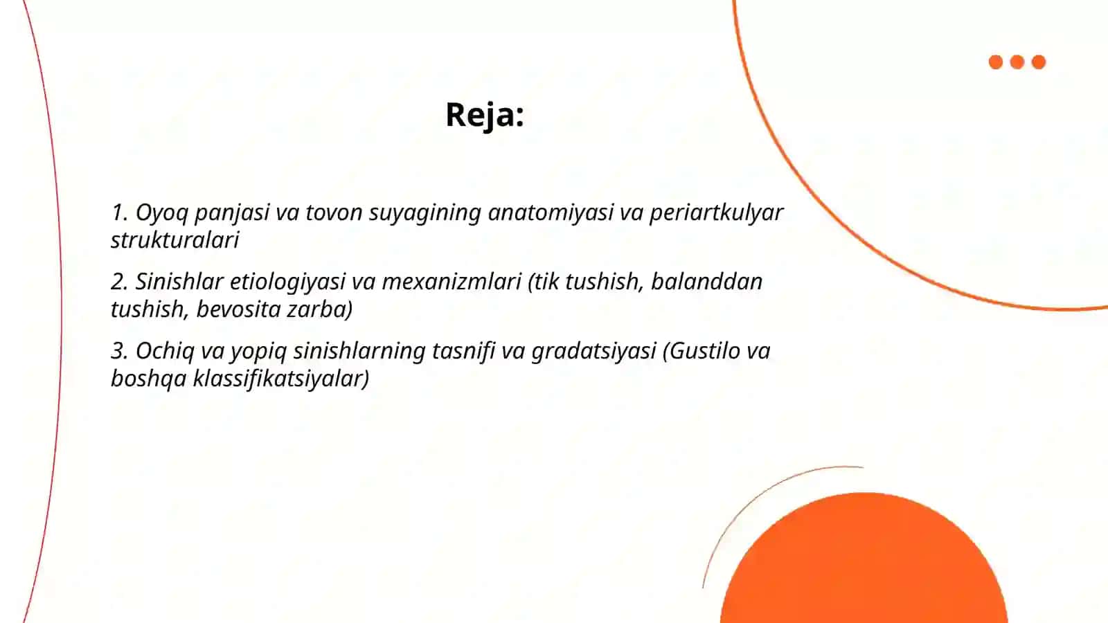 Oyoq panjasining va tovon suyagining ochiq va yopiq sinishlari klinik belgilari tekshirish usullari va davosi 2