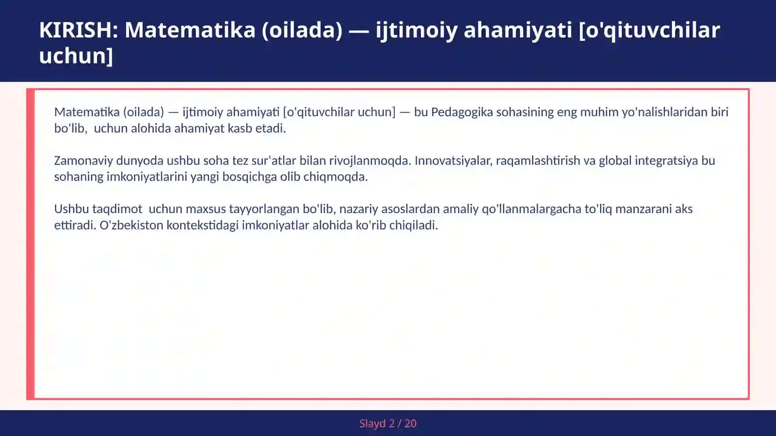 Matematika (Oilada) — Ijtimoiy Ahamiyati [O'qituvchilar Uchun] 2