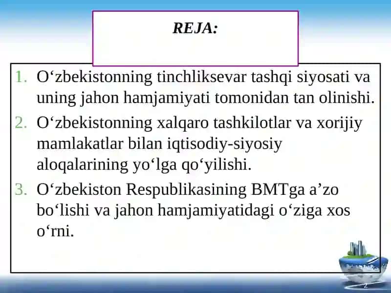 O‘zbekistonRespublikasining nufuzli xalqaro tashkilotlar bilan hamkorlik aloqalari 2