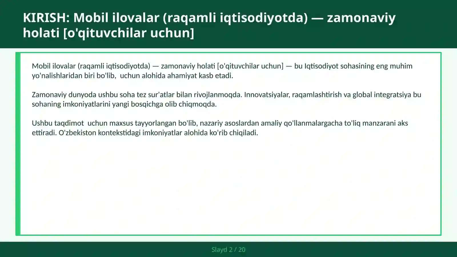 Mobil ilovalar (raqamli iqtisodiyotda) — zamonaviy holati [o'qituvchilar uchun] 2