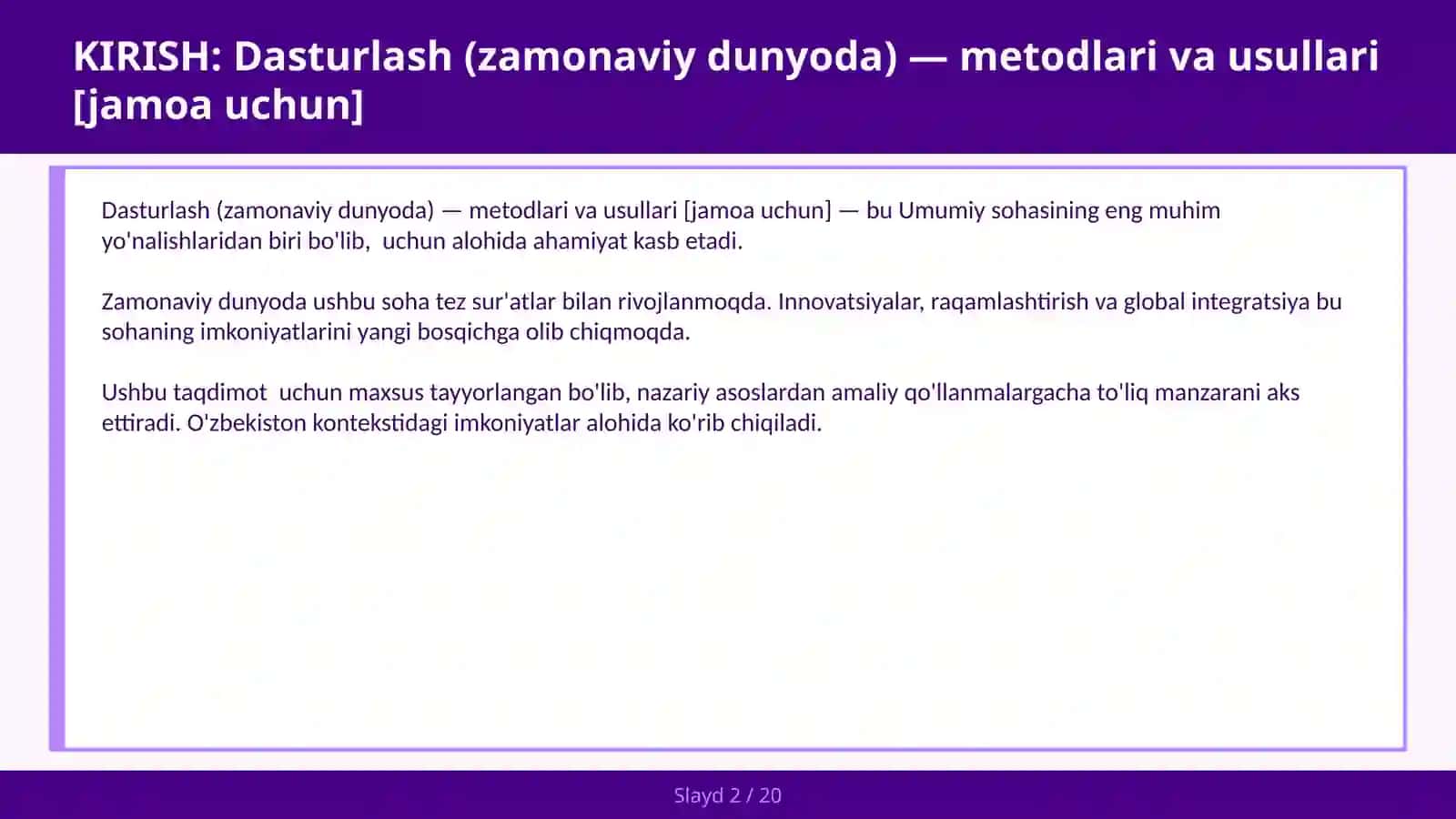 Dasturlash (zamonaviy dunyoda) — metodlari va usullari [jamoa uchun] 2