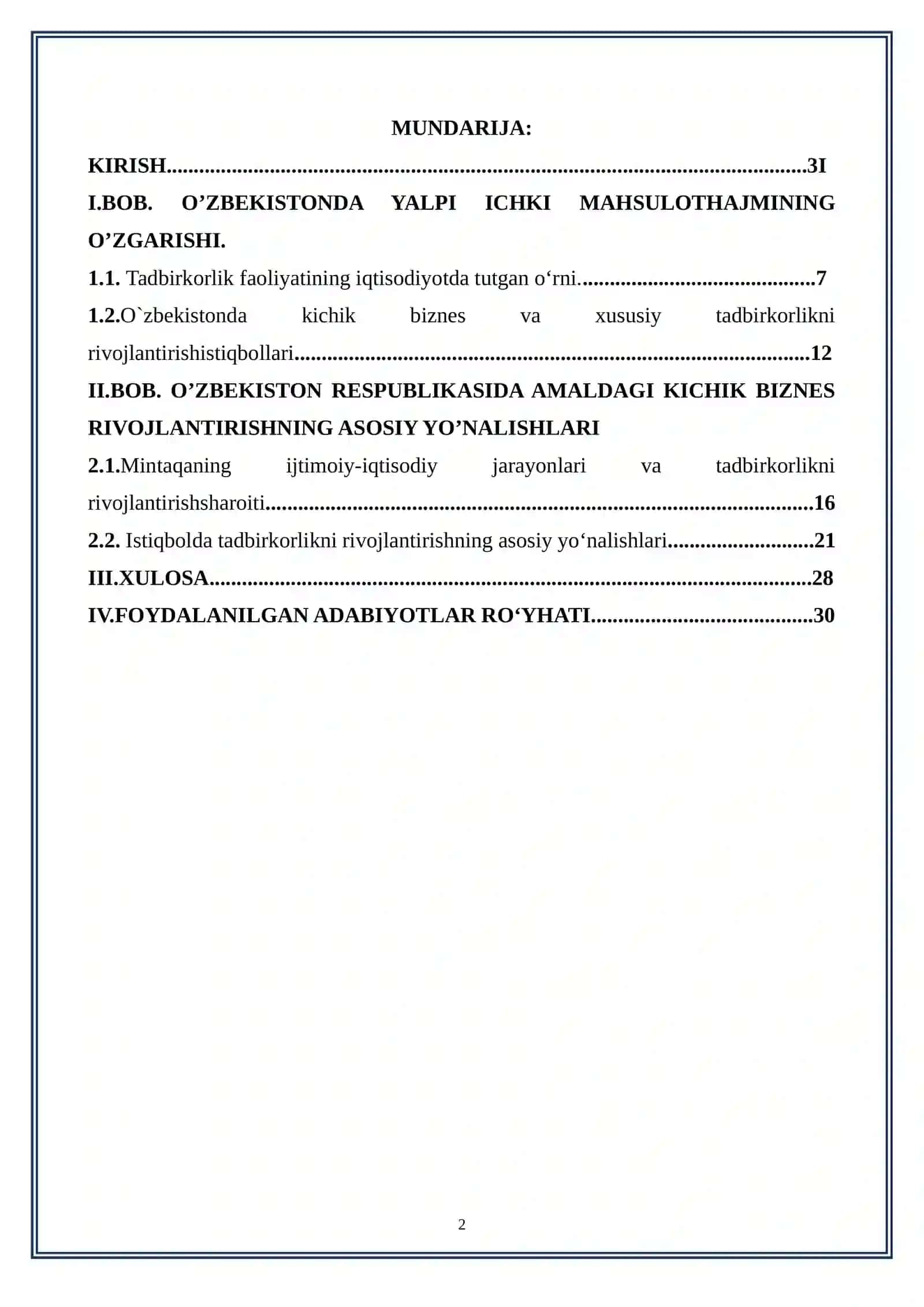 O’zbekiston Respublikasi kichik biznesni rivojlantirishning asosiy yo’nalishlari 2