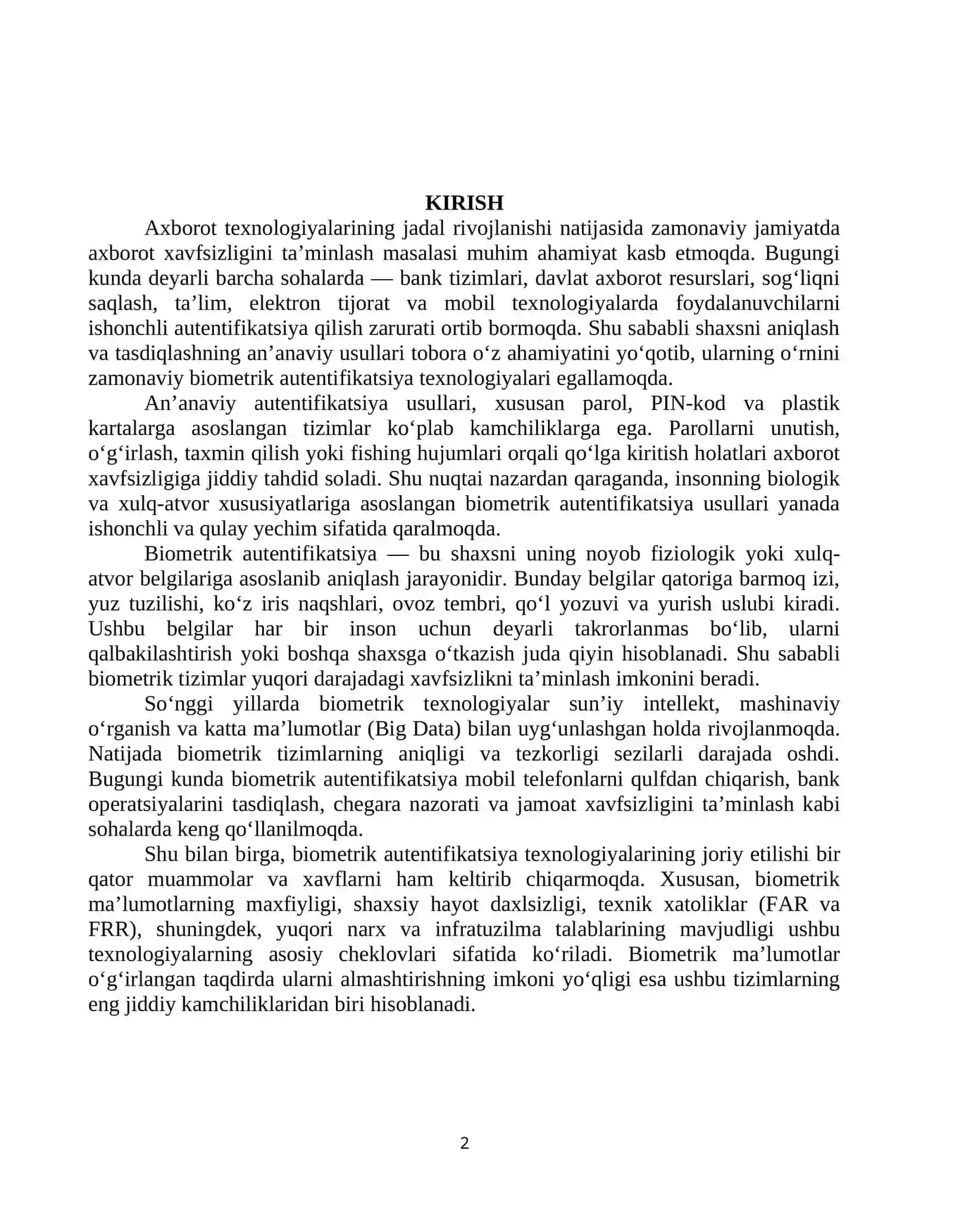BIOMETRIK AUTENTIFIKATSIYA TEXNOLOGIYALARINING AFZALLIKLARI, KAMCHILIKLARI VA XAVFSIZLIK MUAMMOLARI 2