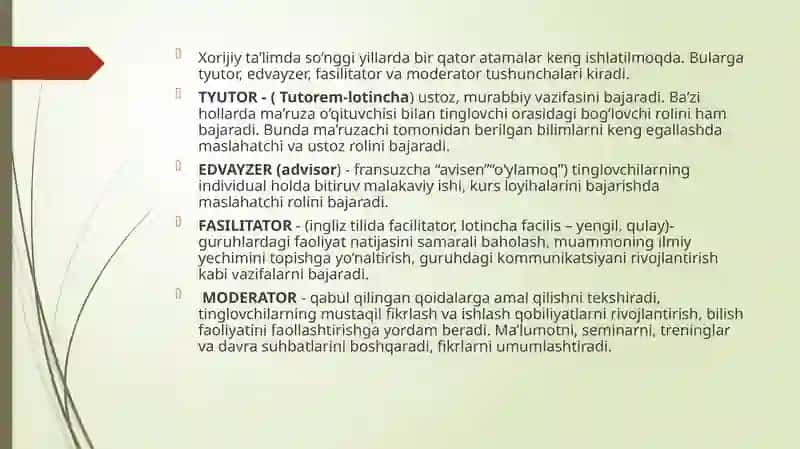 PEDAGOGIK TYUTORLIK, FASILITATORLIKQOBILIYATLARI ASOSIDA LOYIHAVIY FAOLIYATNI TASHKIL ETISH AMALIYOTI 2