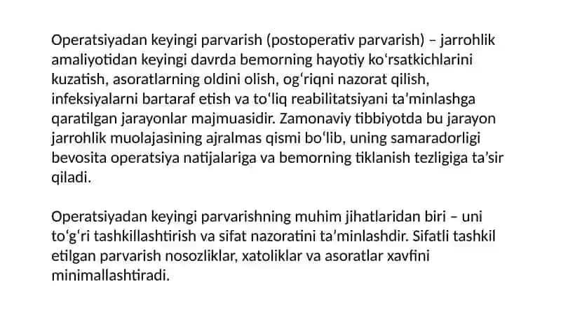 Operatsiyadan keyingi parvarish:Tashkillashtirish va sifat nazorati 2