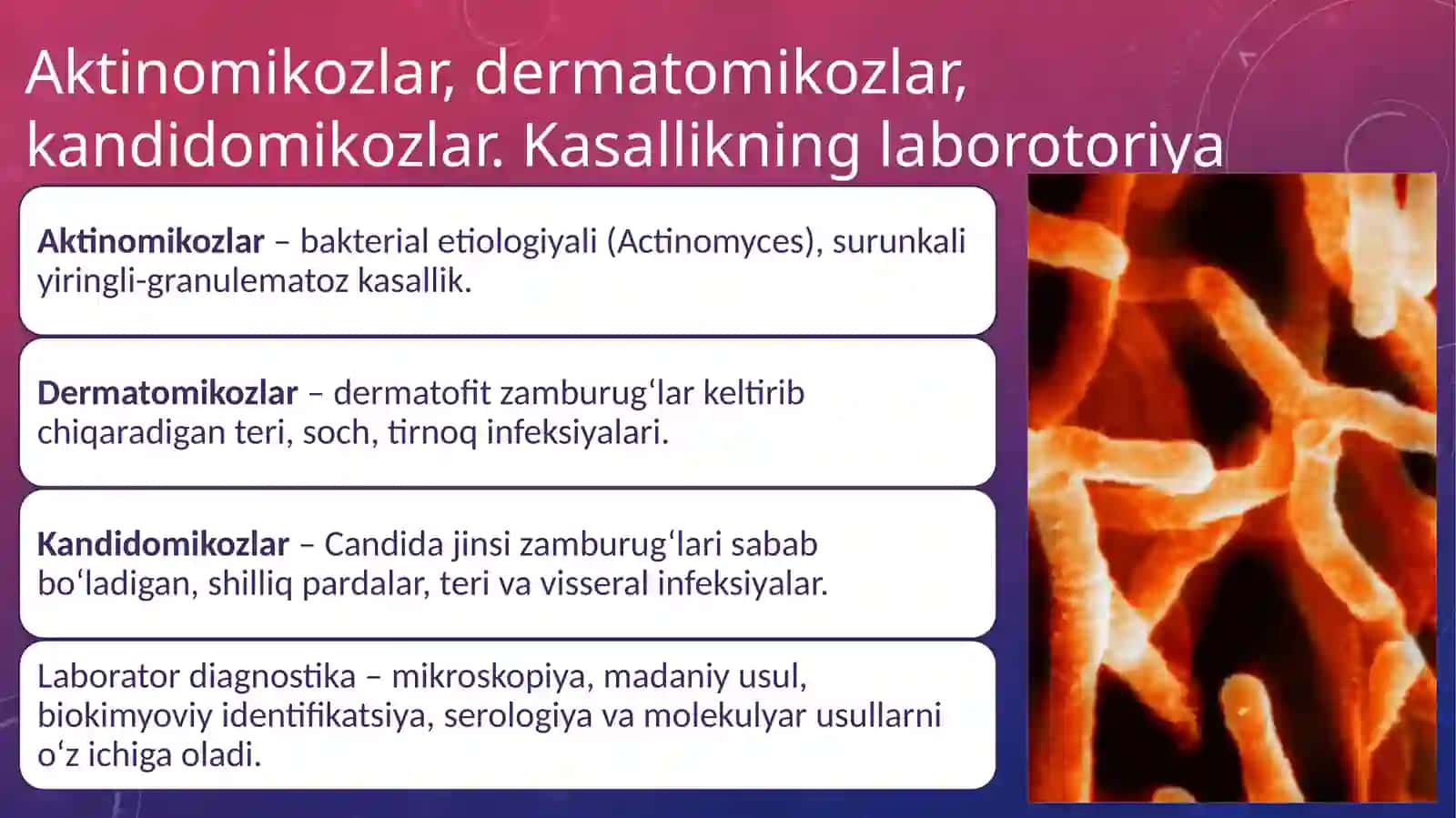 Aktinomikozlar, dermatomikozlar, kandidomikozlar. Kasallikning laborotoriya diagnostikasi. 2