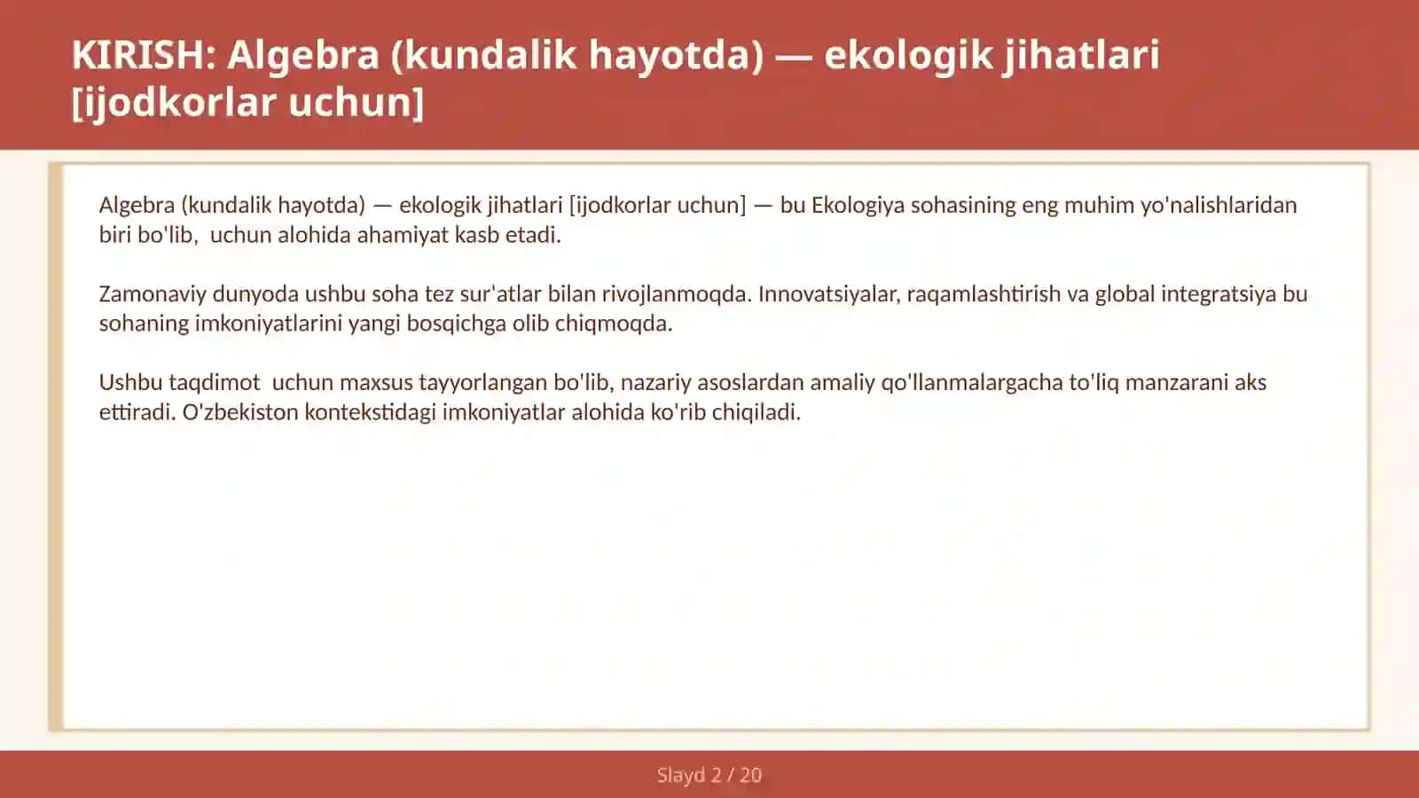 Algebra (Kundalik hayotda) — Ekologik jihatlari [Ijodkorlar uchun] 2