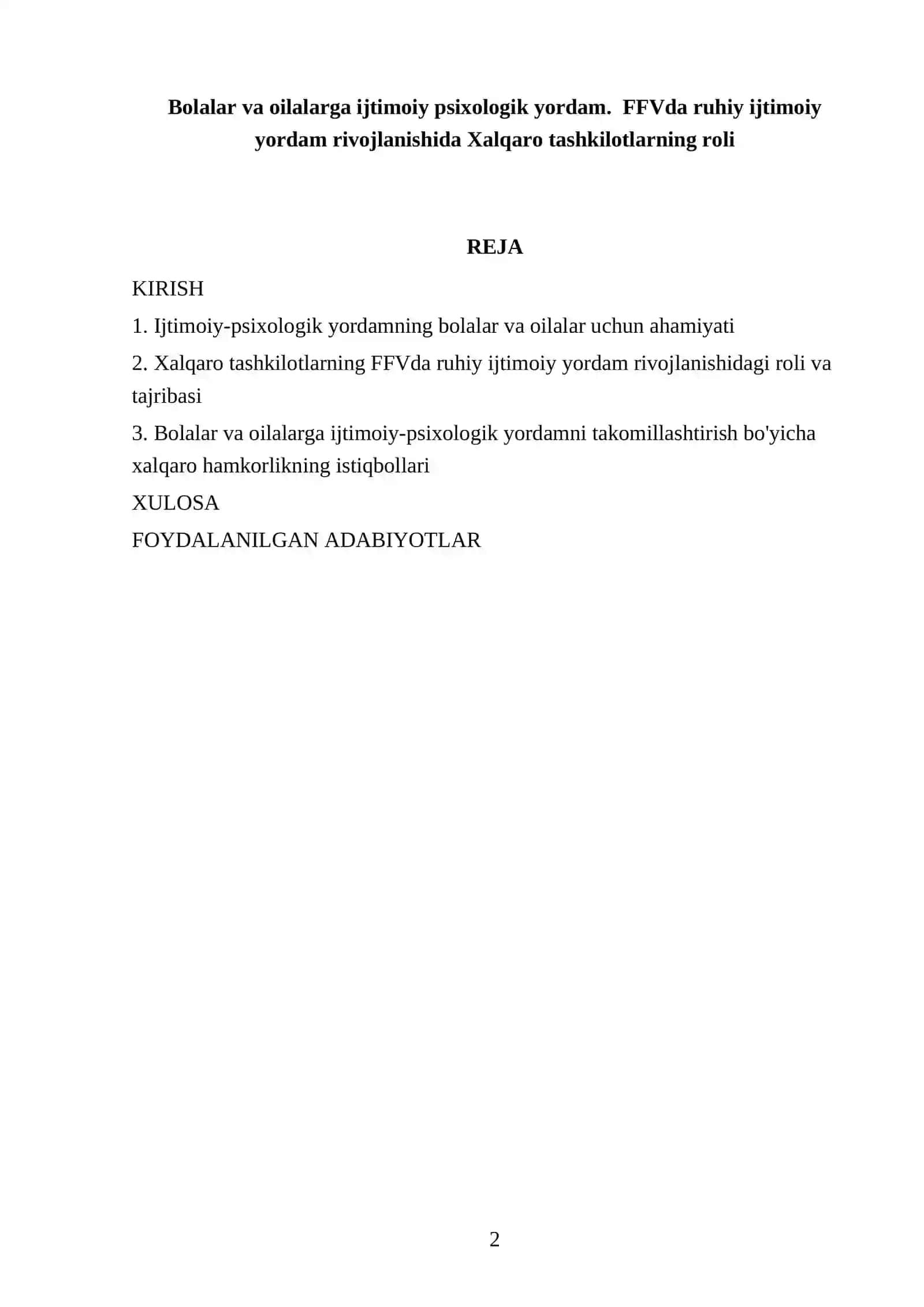 Bolalar va oilalarga ijtimoiy psixologik yordam. FFVda ruhiy ijtimoiy yordam rivojlanishida Xalqaro tashkilotlarning roli 2