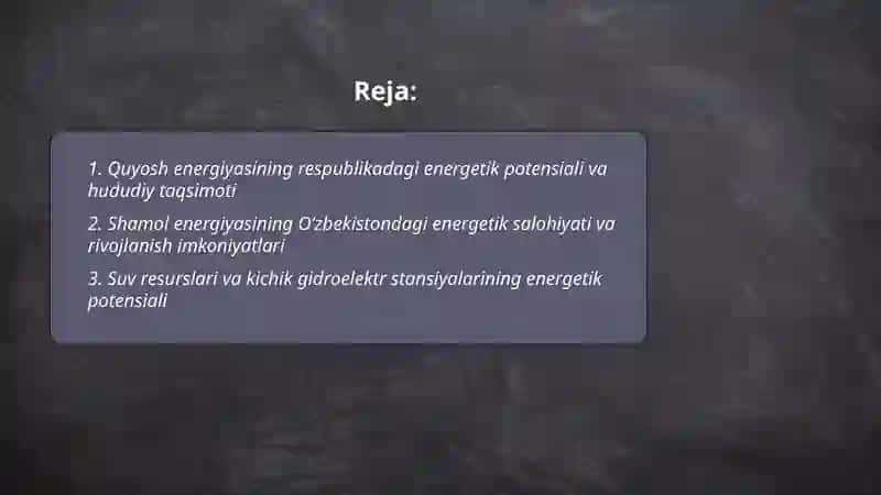 O‘zbekiston respublikasidagi qayta tiklanuvchi energiya manbalarining energetik potensiali 2