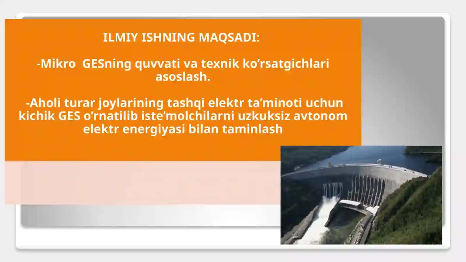 «TOSHIES» MFYdagi aholi turar joylаrining tashqi elektr ta’minoti uchun mikro GESni loyihalash 2