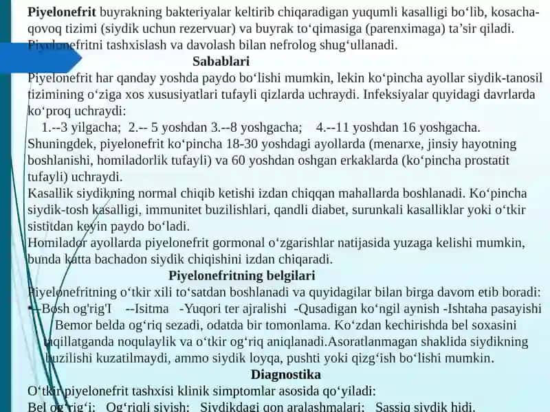 Piyelonefrit, glomerulonefrit, buyrak-tosh kasalligi va boshqa kazakalar 2