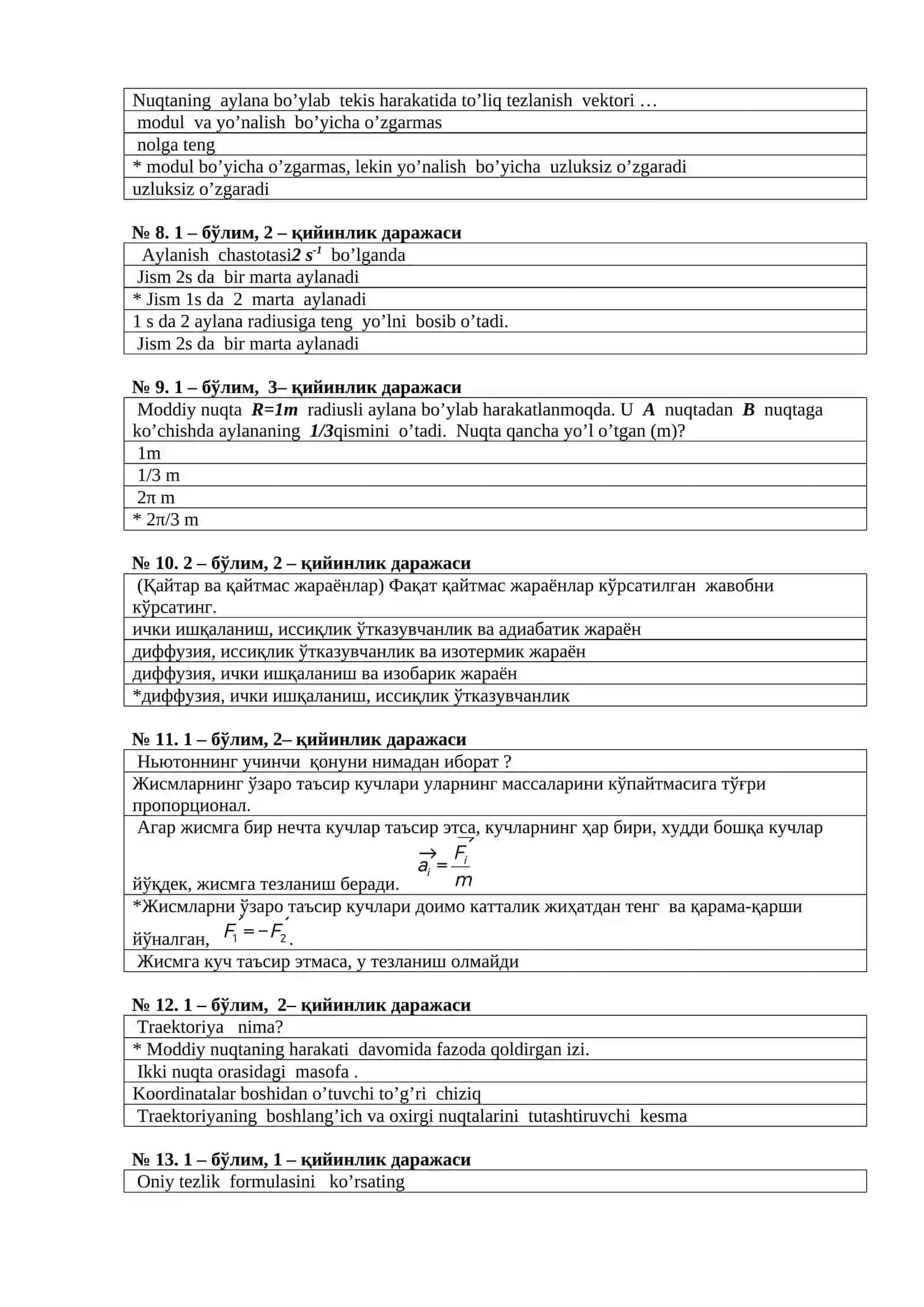 Fizika fanidan test 2