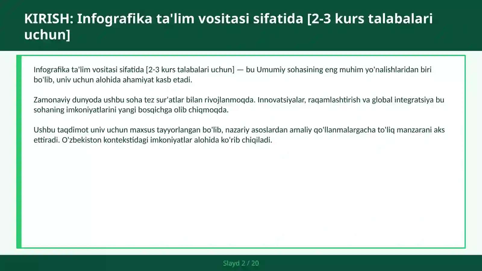Infografika ta'lim vositasi sifatida [2-3 kurs talabalari uchun] 2