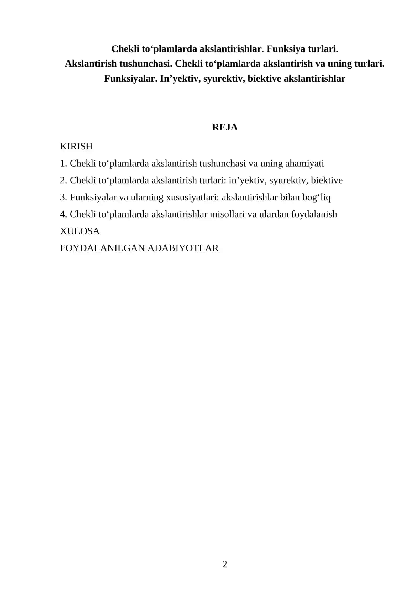 Chekli to‘plamlarda akslantirishlar. Funksiya turlari 2