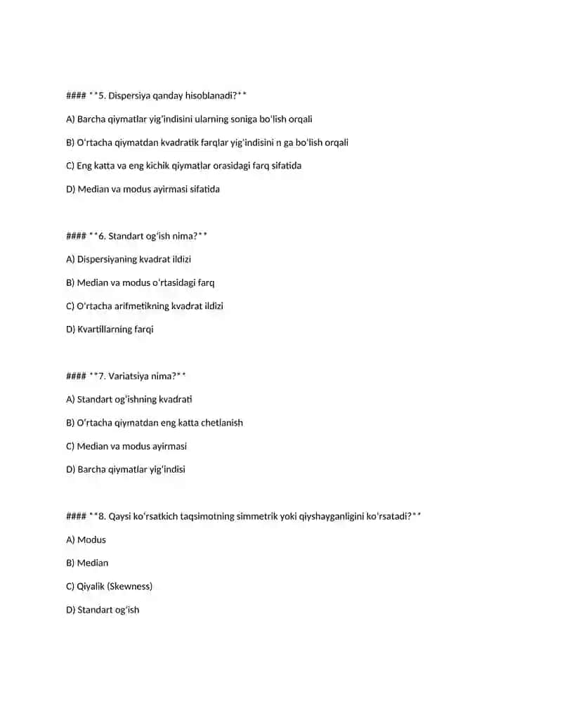 Tasviriy statistika ko‘rsatkichlari bo‘yicha test 2