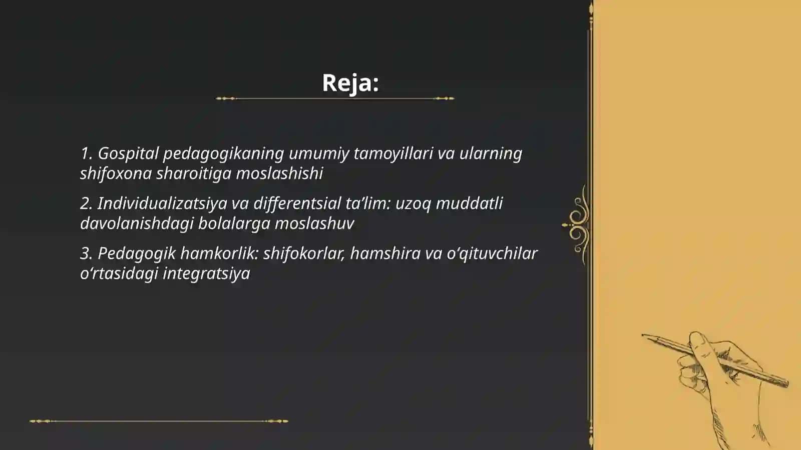 Gospital pedagogikaning asosiy tamoyillari.Shifoxonada uzoq muddatli davolanayotgan bolalar uchun taʼlimiy muhitni yaratishning oʻziga xos xususiyatlari 2