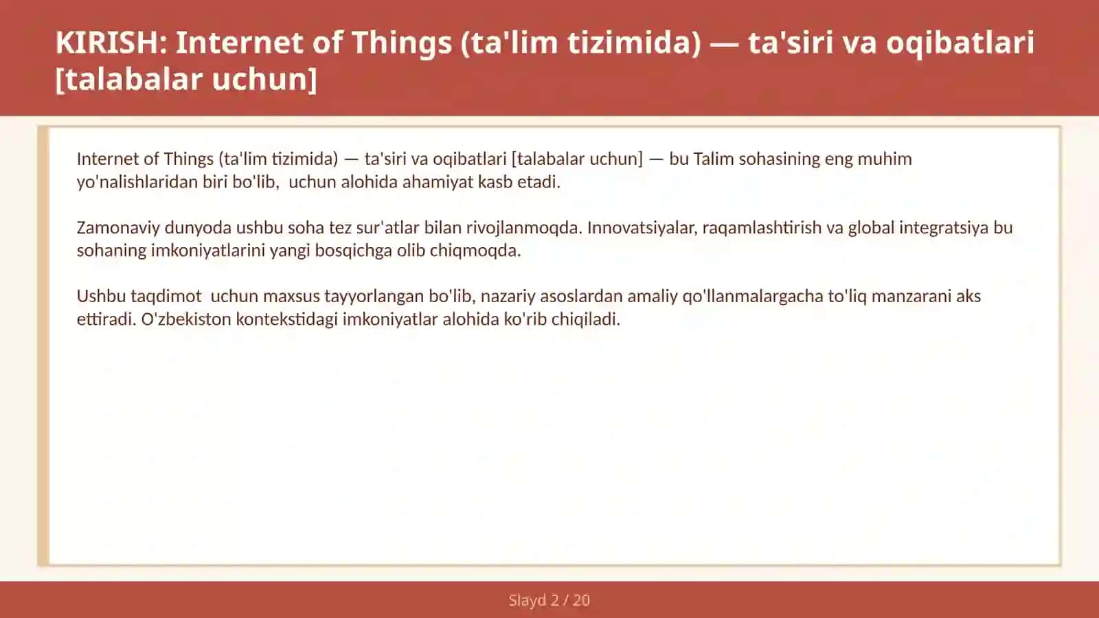 Internet of Things (TA'LIM TIZIMIDA) — TA'SIRI VA OQIBATLARI [TALABALAR UCHUN] 2