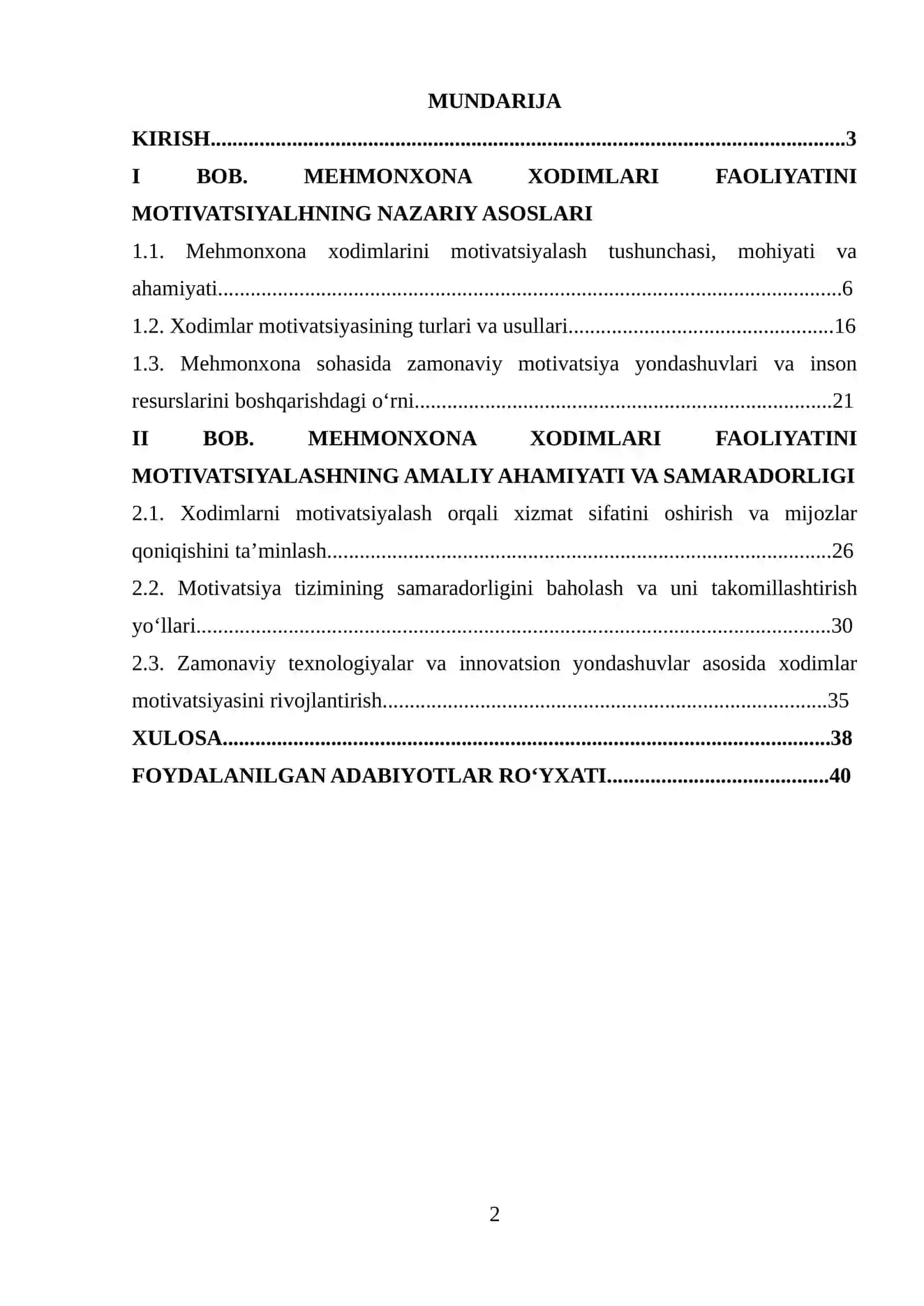 Kurs ishi: Mehmonxona xodimlari faoliyatini motivlashtirish 2