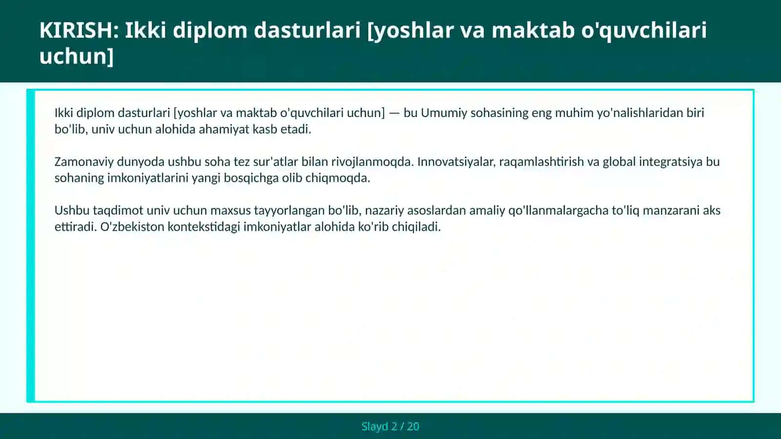 Ikki diplom dasturlari [yoshlar va maktab o'quvchilari uchun] 2