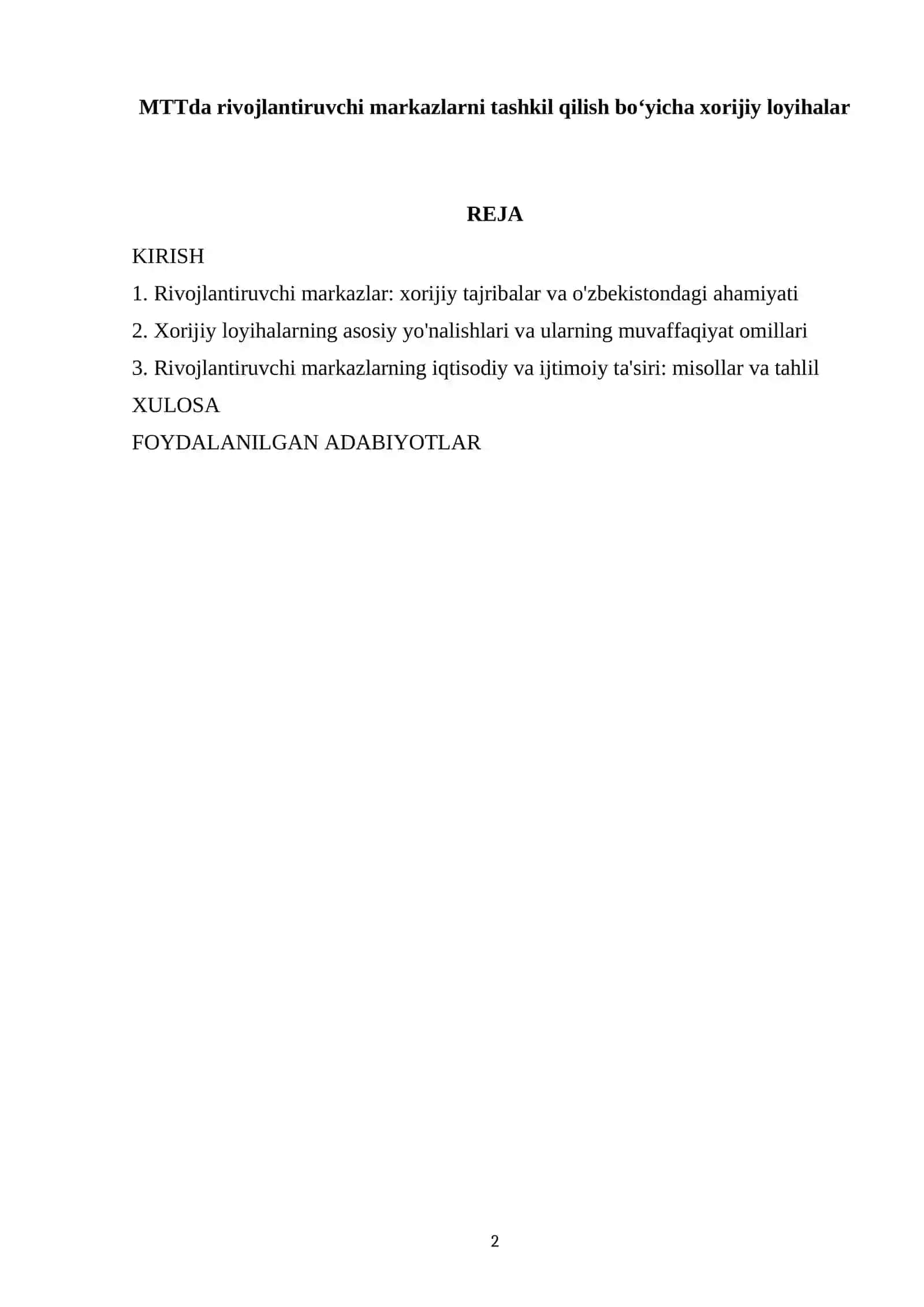 MTTda rivojlantiruvchi markazlarni tashkil qilish boʻyicha xorijiy loyihalar 2