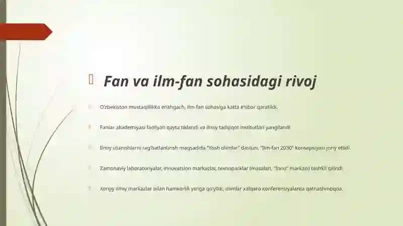 Mustaqillik yillarida O‘zbekistonda fan, ta’lim, sport, san’at, adabiyot va sog‘liqni saqlash tizimining rivoji 2