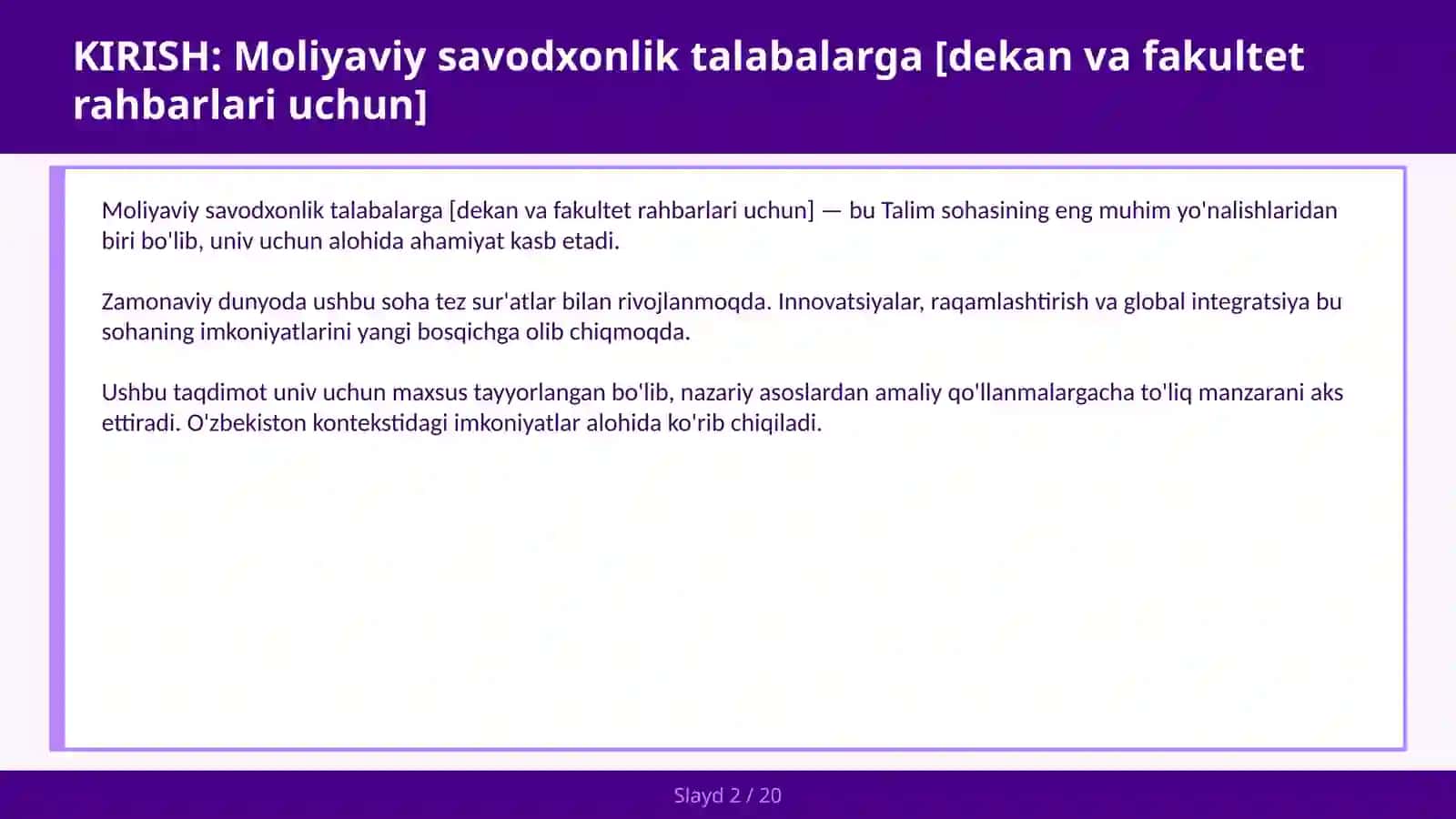 Moliyaviy savodxonlik talabalarga [dekan va fakultet rahbarlari uchun] 2