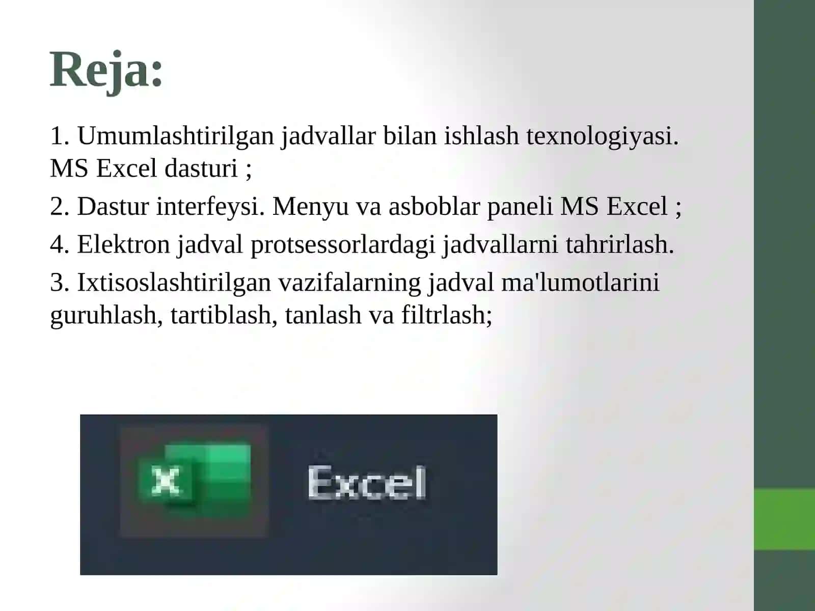 Excel dasturi rejasi 2