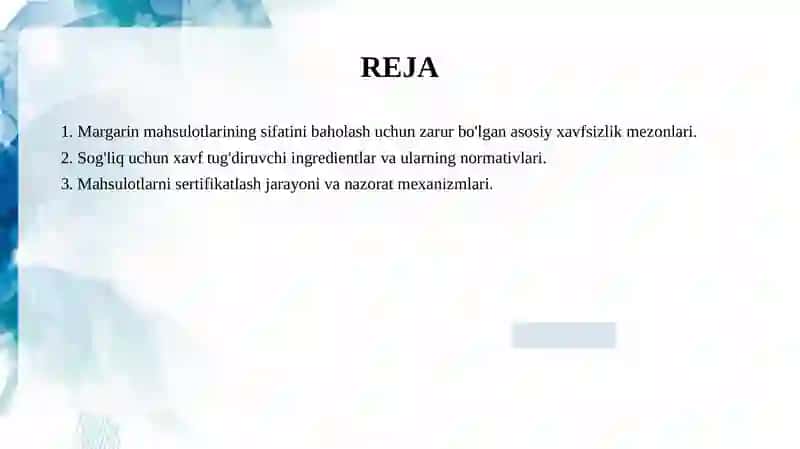 Margarin mahsulotlariga tegishli standartlarda xavfsizlik korsatkishlarini aniqlash 2