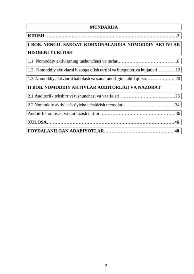 Yengil sanoat korxonalarida nomoddiy aktivlar hisobini yuritish va auditorlik tekshiruvi 2