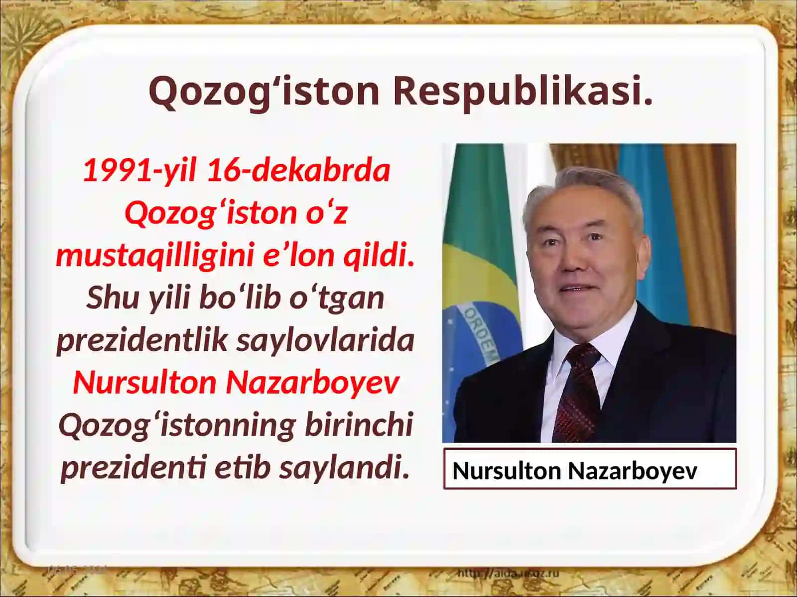 1991 – 2017-yillarda Markaziy Osiyo davlatlari 11-sinf Jahon tarixi fanidan darsligi asosida 8-mavzu Qozog‘iston Respublikasi 2