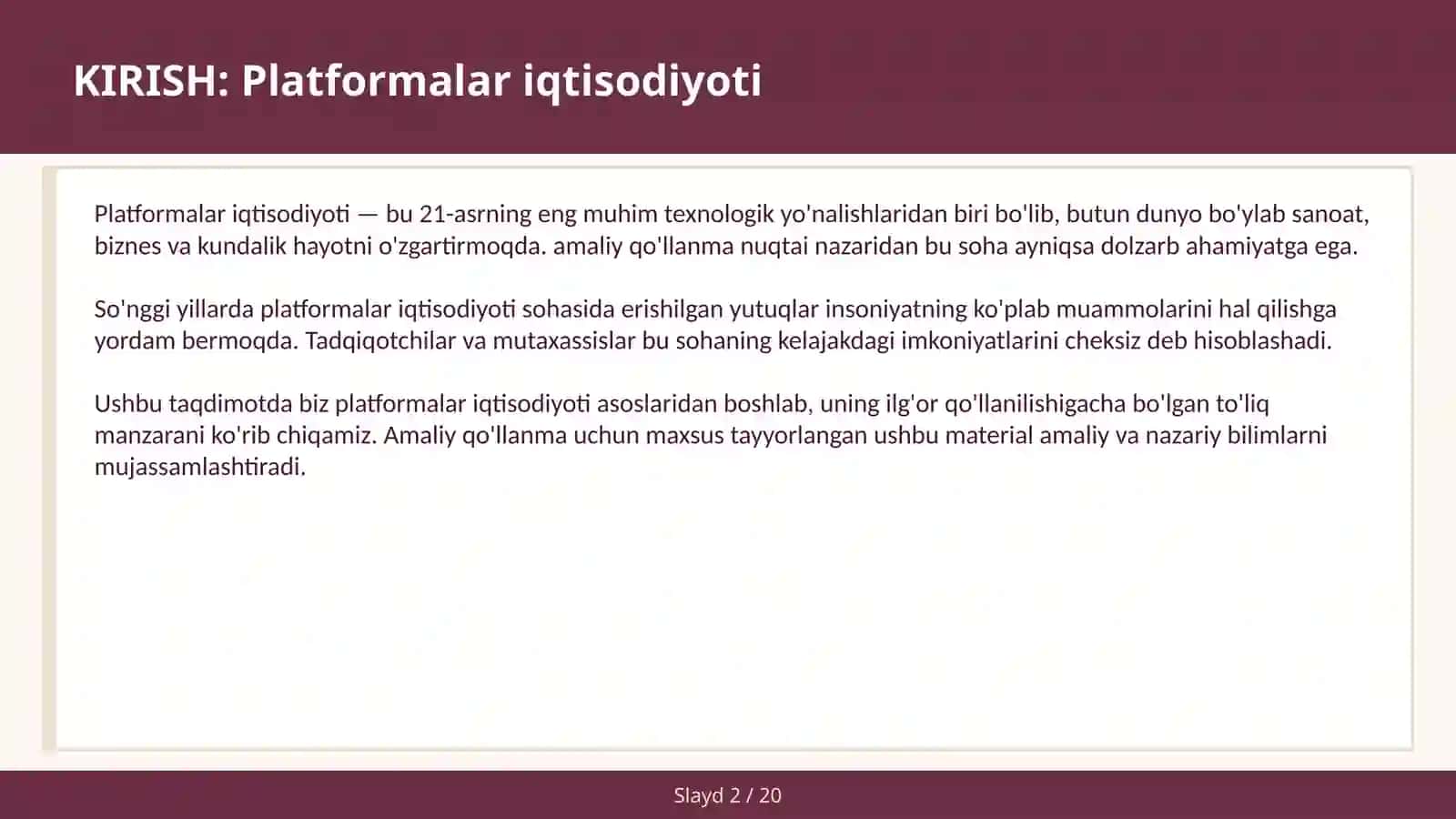 PLATFORMALAR IQTISODIYOTI 2