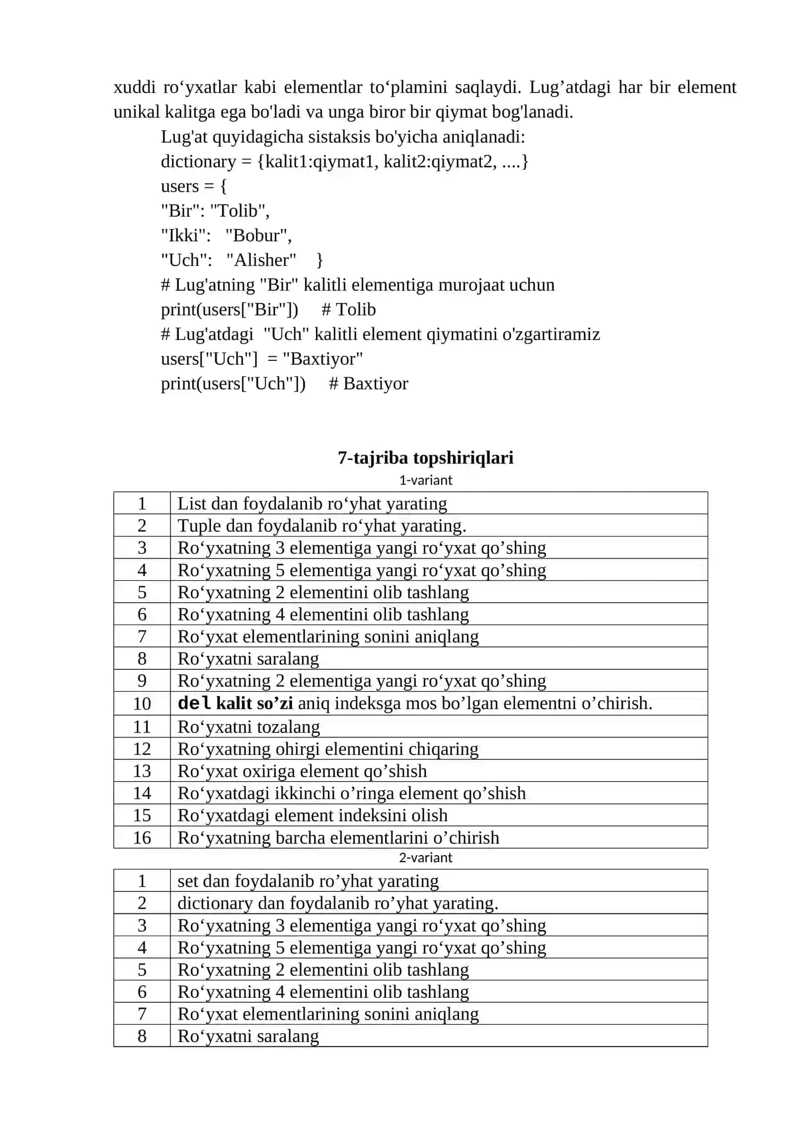 Python list, tuple, set, dict konteynerlari bilan ishlash 2
