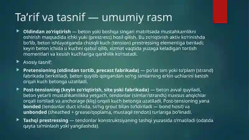 Oldindan zo'riqtirilgan konstruksiyalarni tayyorlash usullari 2