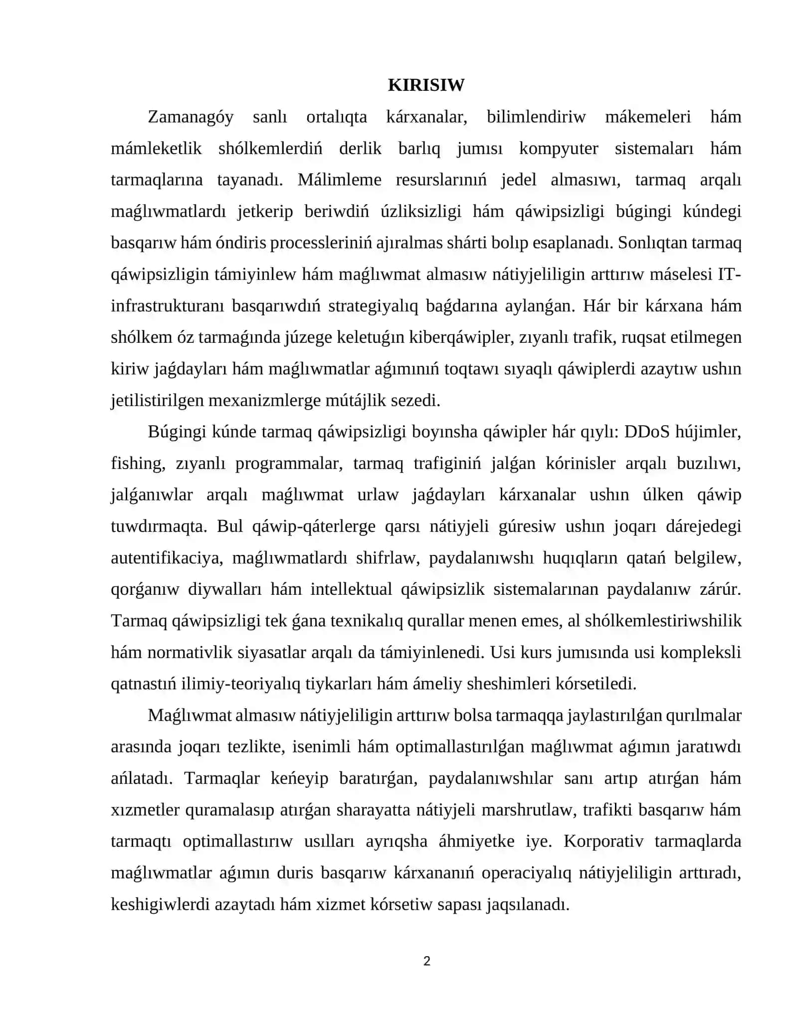 Kompyuter sistemalarında tarmaq qáwipsizligin támiyinlew hám maǵlıwmat almasıw nátiyjeliligin arttırıw 2