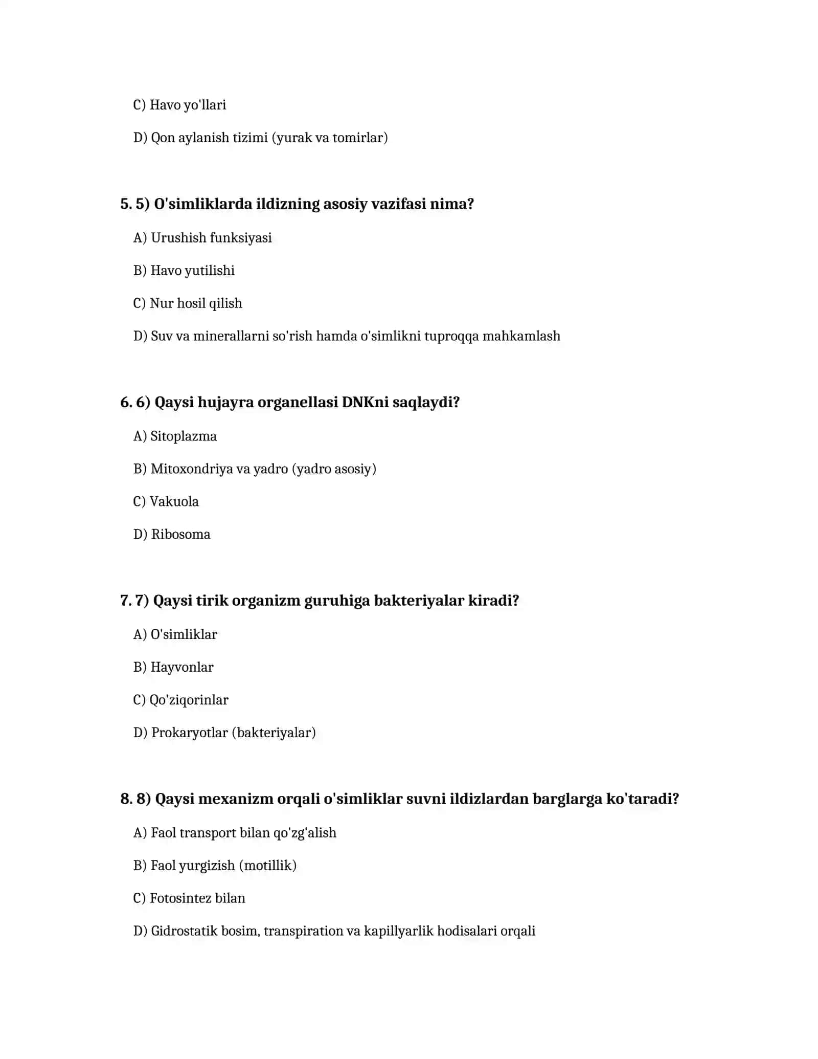 Biologiya sinfi Test savollari 2