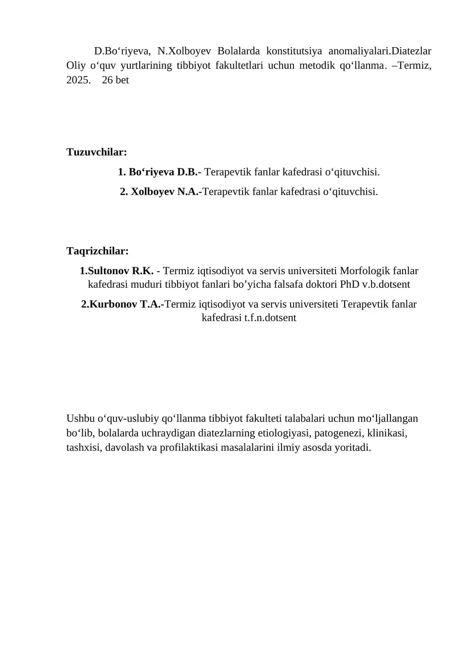 Bolalarda konstitutsiya anomaliyalari. Diatezlar 2