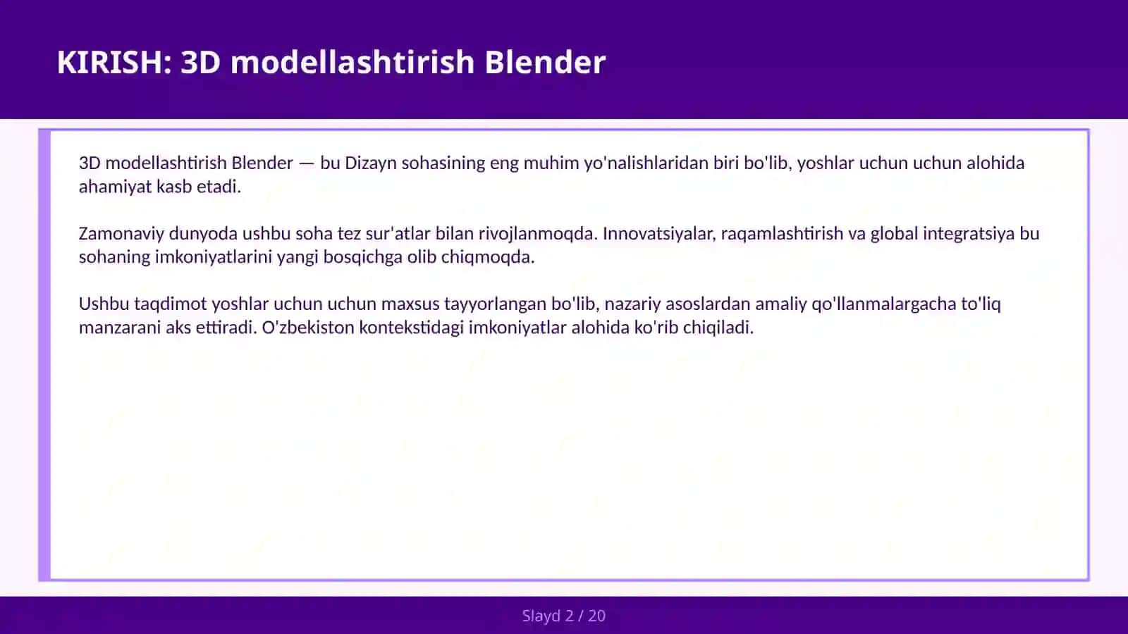 3D MODELLASHTIRISH BLENDER 2