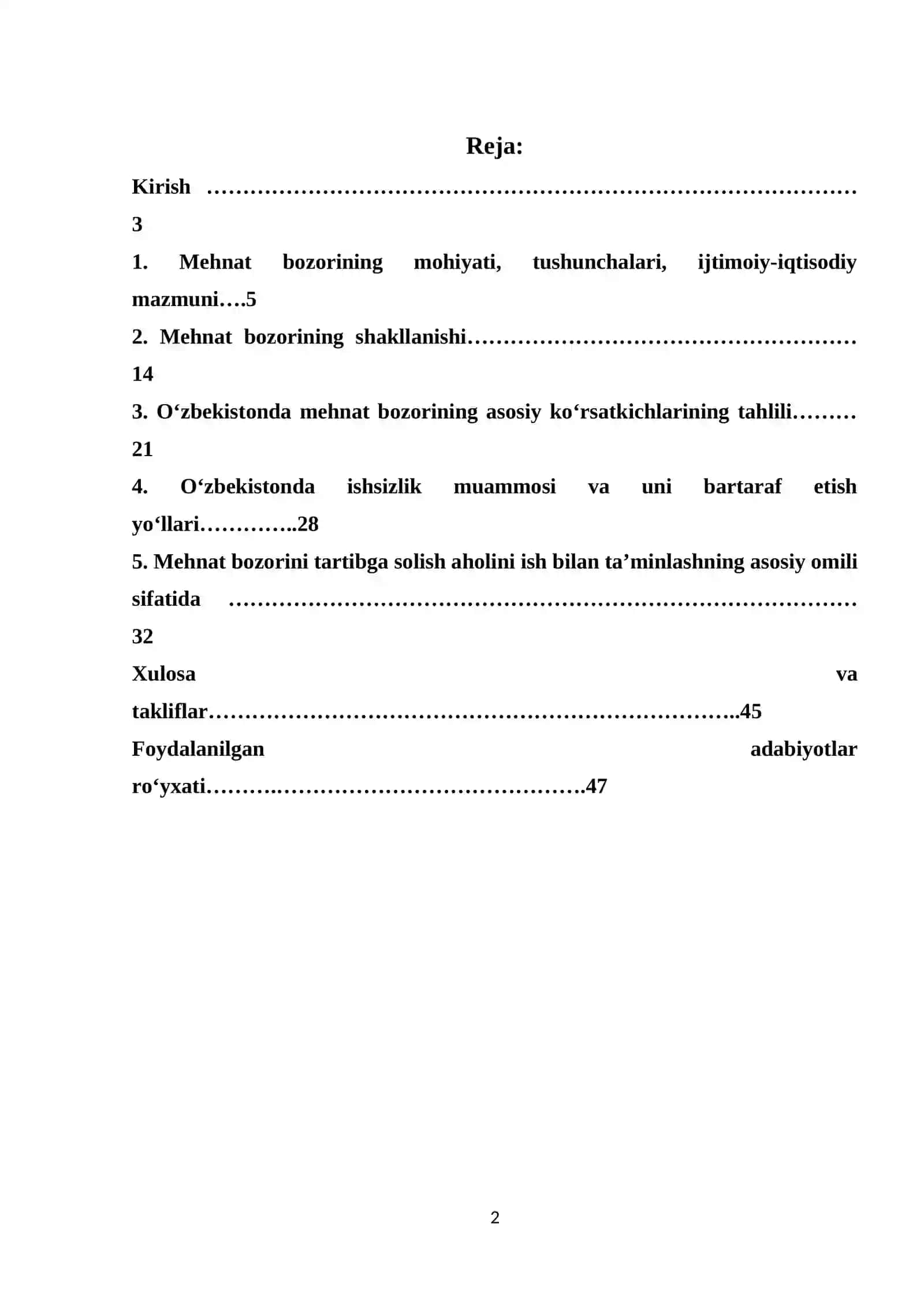 "О‘zbekistonda mehnat bozorining rivojlanishi xususiyatlari va istiqbollari" Kurs ishi 2