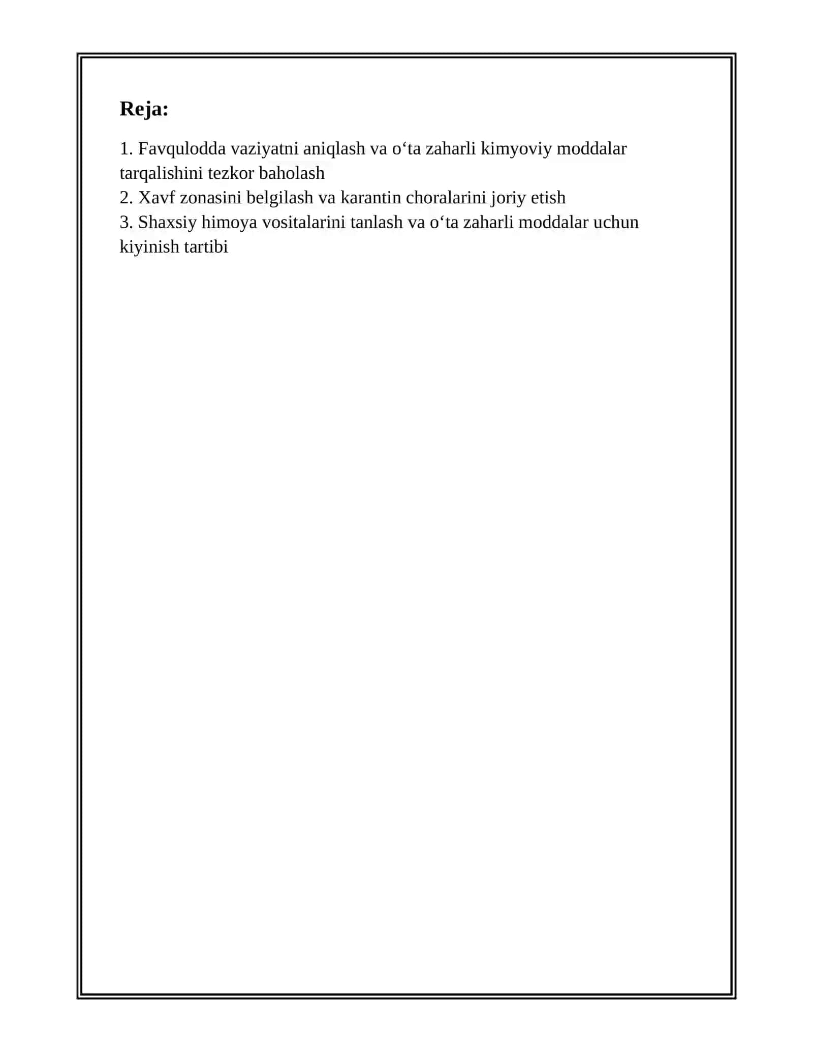OʻTA ZAHARLI KIMYOVIY MODDALARNI ISHLAB CHIQARISHDA VA SAQLASHDA SODIR BOʻLGAN AVARIYALARNI BARTARAF QILISHDA QUTQARUVCHILARNING HARAKATI 2