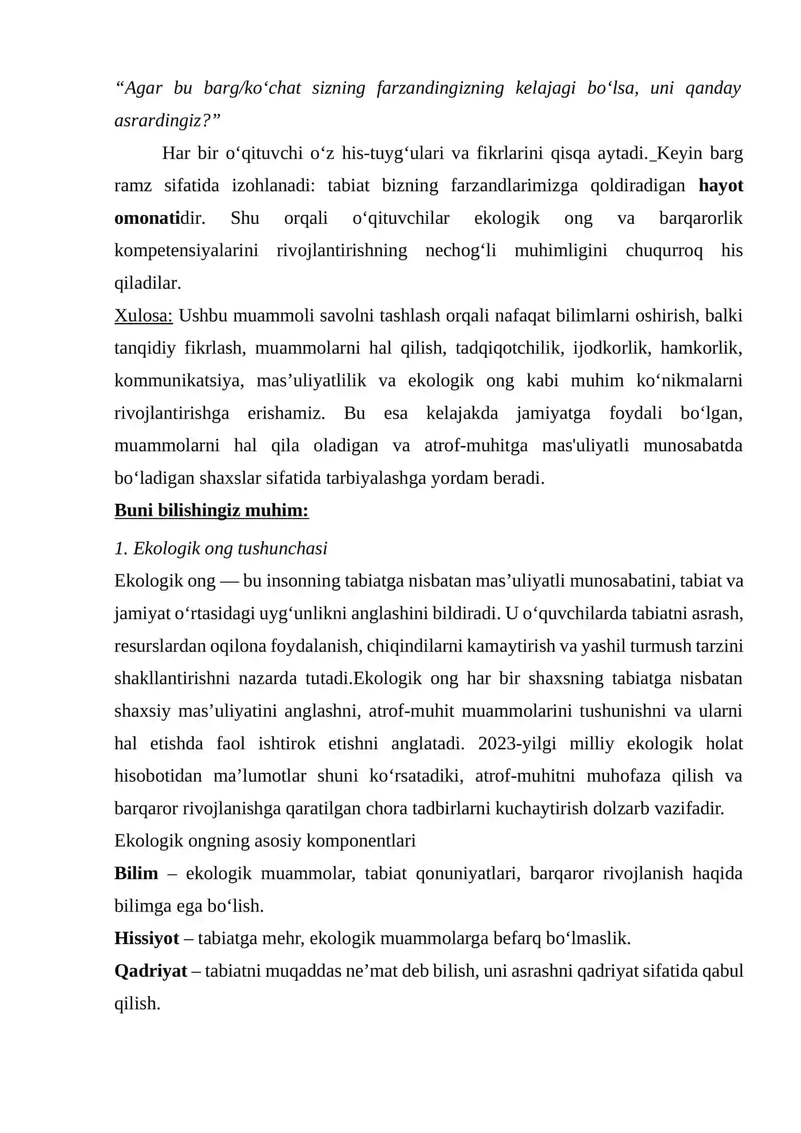 Kun mavzusi: Tabiiy fan darslarida ekologik ong va barqarorlik kompetensiyalarini rivojlantirish 2