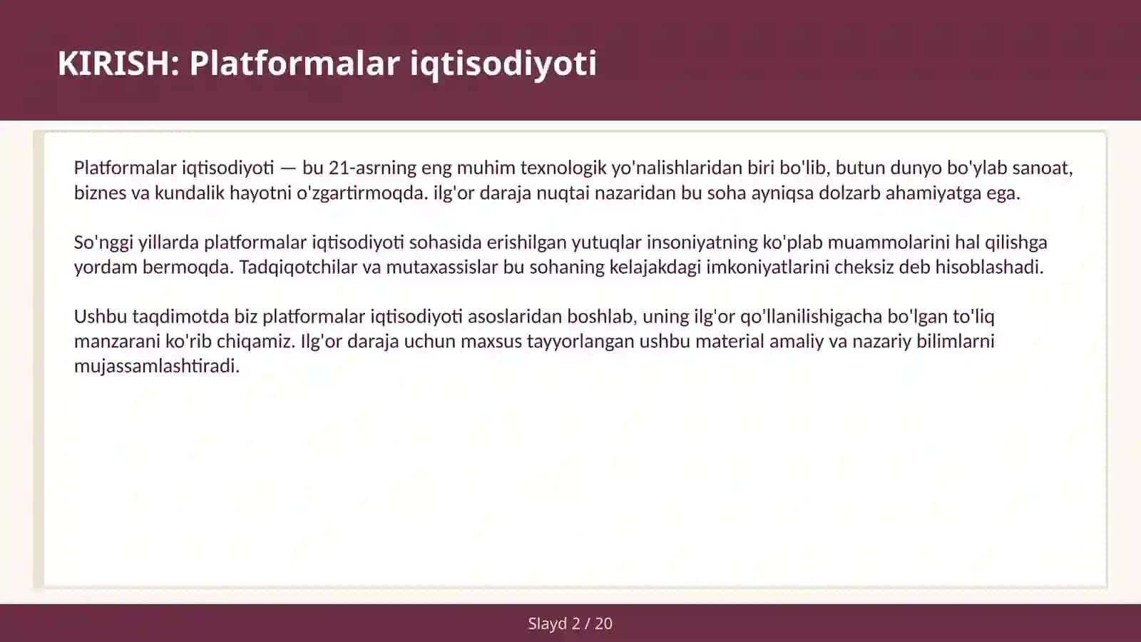 PLATFORMALAR IQTISODIYOTI 2