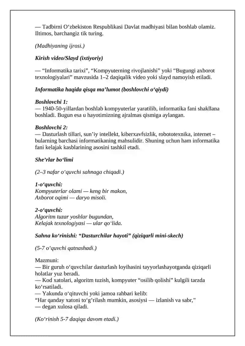 Xalqaro Informatika kuni tadbir ssenariysi 2