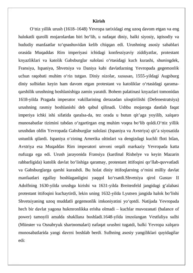 O‘ttiz yillik urushning Yevropada xalqaro munosabatlarga ta’siri 2
