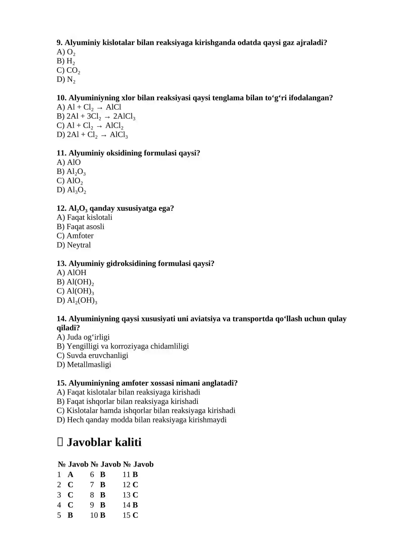 Alyuminiyning xossalari — 15 ta test 2