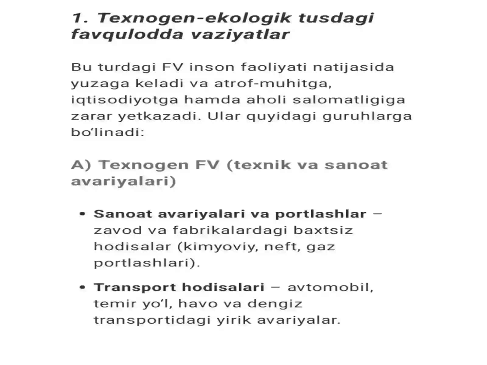 Texnogen ekologik tusdagi va ijtimoiy tusdagi favqulodda vaziyatlar va ularning qisqacha tasnifi 2